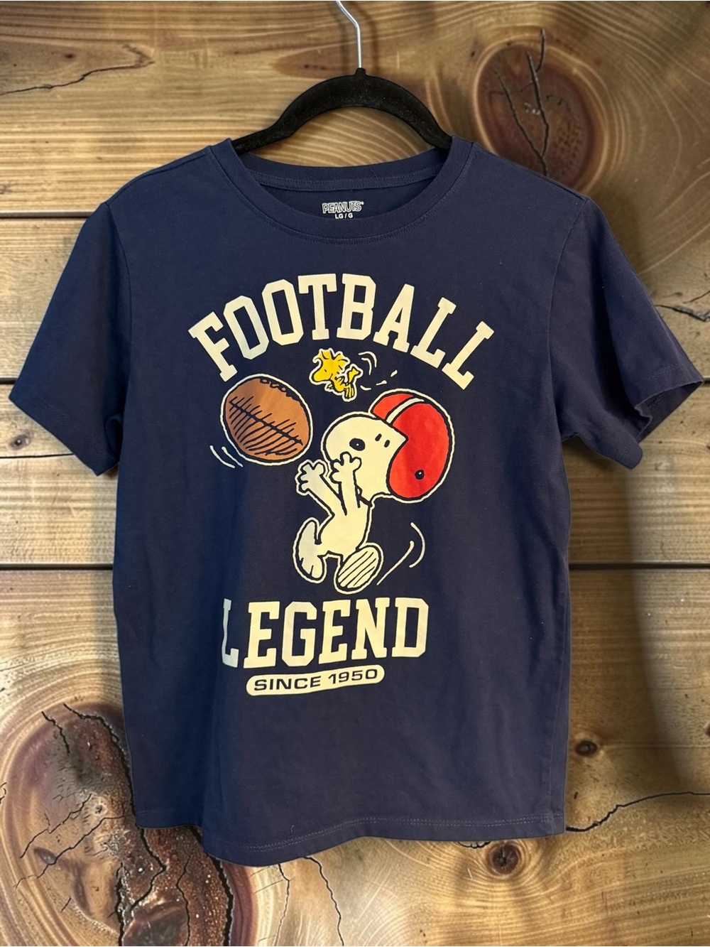 Peanuts Snoopy Football Legend Tee Boys L Navy Woodstock Varsity Gameday